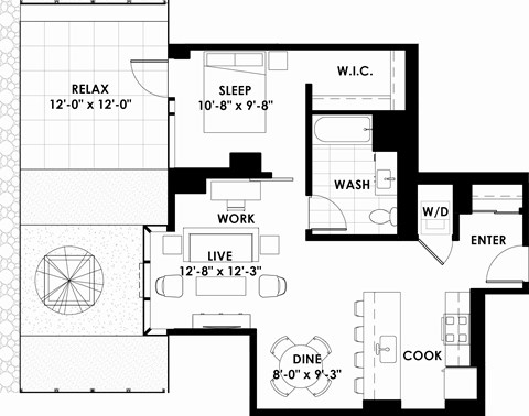 Floor plan for 1 bed, 1 bath, 704 sqft